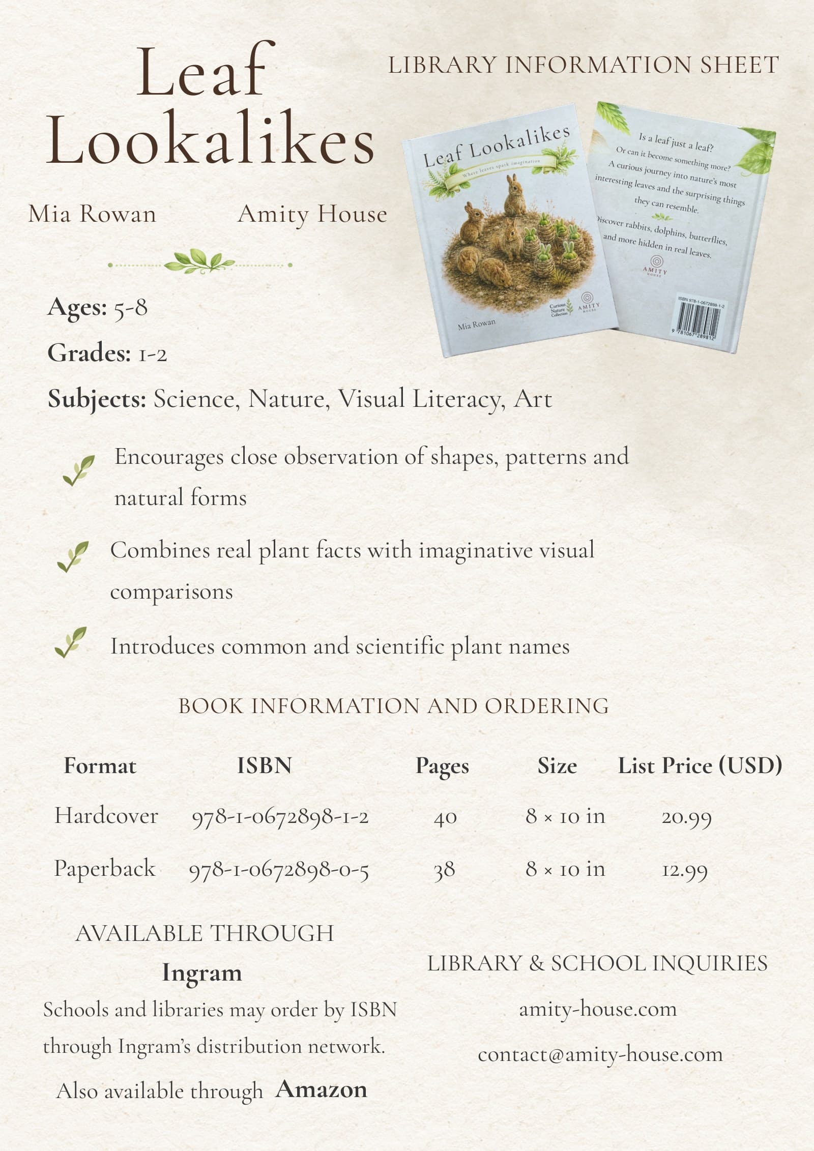 Library information sheet for Leaf Lookalikes by Mia Rowan. Ages 5–8, grades 1–2. Subjects: Science, Nature, Visual Literacy, Art. Full details are transcribed below this image.